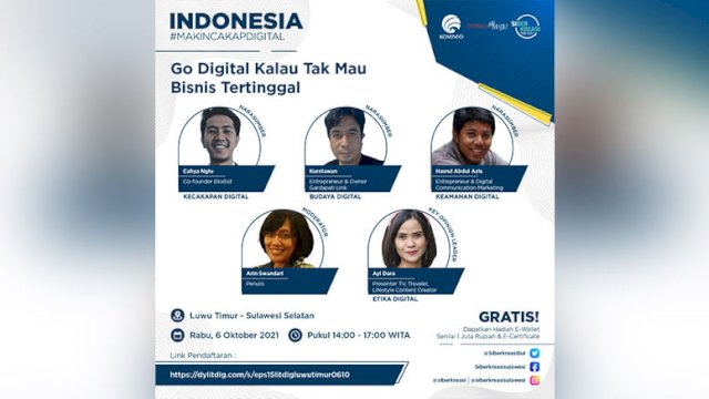 Program Literasi Digital &ldquo;Indonesia Makin Cakap Digital&rdquo; di Sulawesi, yang diselenggarakan oleh Kementerian Komunikasi dan Informatika Republik Indonesia dan Siberkreasi bersama Dyandra Promosindo, yang dilaksanakan secara virtual pada Rabu (6/10/2021) di Luwu Timur, Sulawesi Selatan. 
