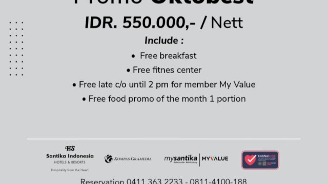 Hotel Santika menawarkan paket promo mulai dari promo menginap hingga Food and Beverages.(Foto:Santika)